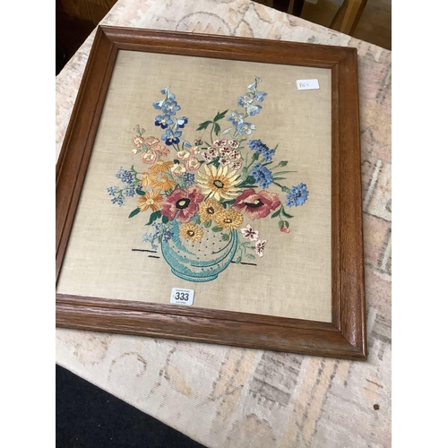 333 - OAK F/G EMBROIDERY OF FLOWERS IN A VASE WITH A TASSELLED THROW