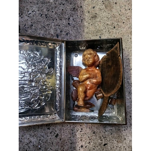 34 - EMBOSSED TIN MISC TREEN ITEMS INCLUDING A CHERUB