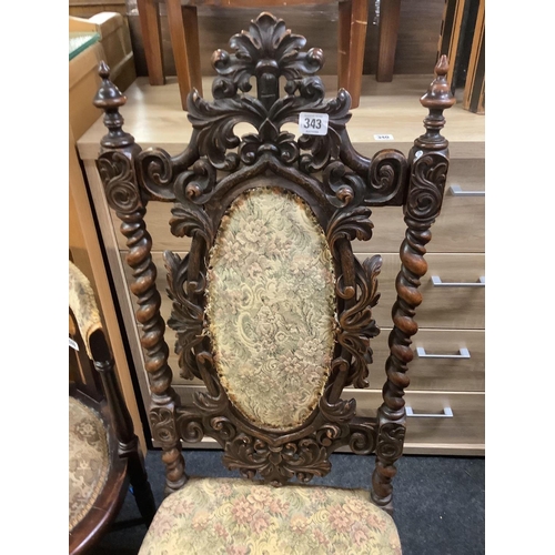 343 - HEAVILY CARVED OAK GOTHIC STYLE UPHOLSTERED DINING CHAIR