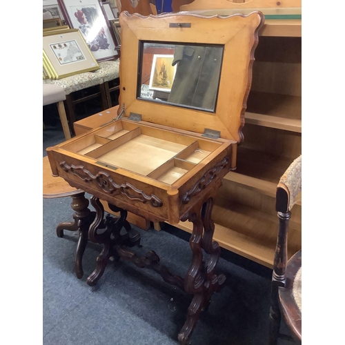 345 - UNUSUAL CARVED WALNUT SEWING TABLE & BOX WITH HINGED & MIRRORED LID