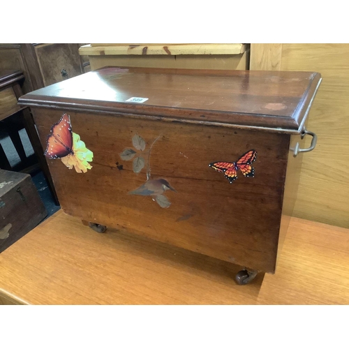 349 - DECORATIVE SEWING BOX ON WHEELS WITH HINGED LID