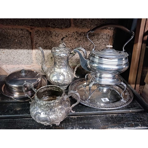 35 - ORNATE COFFEE POT & SUGAR BOWL WITH TRAY & SPIRIT KETTLE & MUFFIN DISH