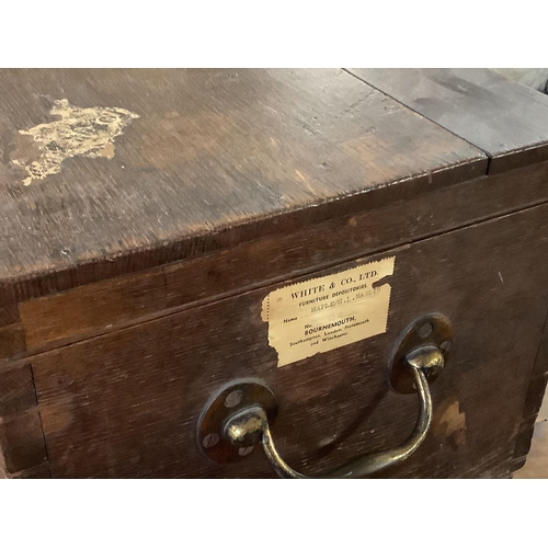 390 - SMALL VICTORIAN OAK COFFER WITH HINGED LID & BRASS PLAQUE, REV. CASTLETON MILLER WITH THE REMAINS OF... 