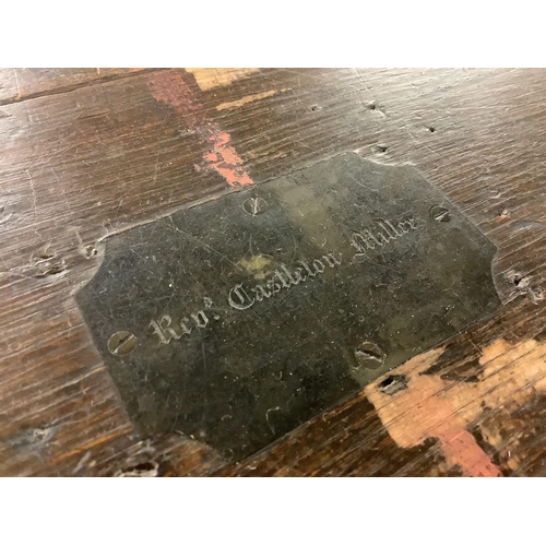 390 - SMALL VICTORIAN OAK COFFER WITH HINGED LID & BRASS PLAQUE, REV. CASTLETON MILLER WITH THE REMAINS OF... 