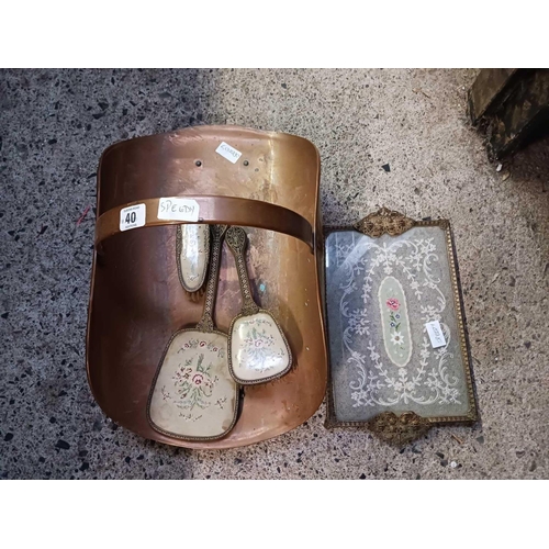 40 - COPPER LOG BASKET, DRESSING TABLE TRAY WITH LACE DECORATION & A HAIR BRUSH SET