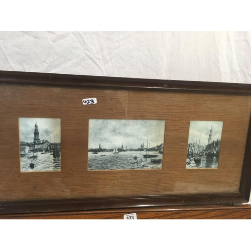 423 - OAK FRAMED GLASS STIPPLE PICTURE OF ABERYSTWYTH,  DOLGELLY, BARMOUTH, 1930'S & 2 OTHER