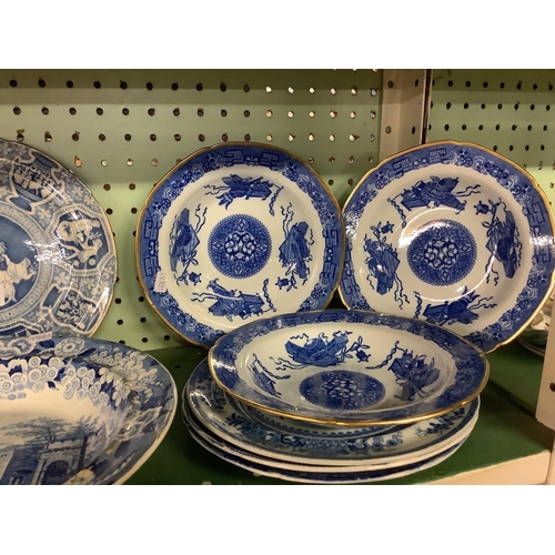 445 - SHELF OF OLD BLUE & WHITE CHINA INCL; 3 SPODE BOWLS FROM 1815