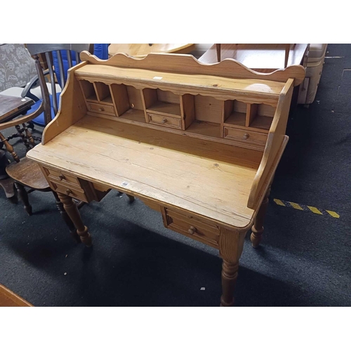 468 - STRIPPED PINE DESK WITH 2 DRAWERS & TURNED LEGS, RAISED BACK, 3ft 6'' WIDE