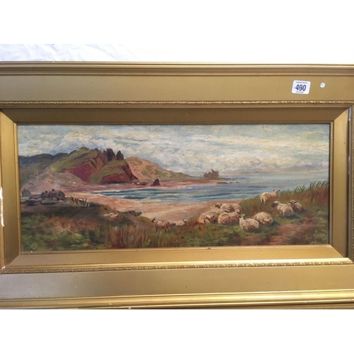 490 - PAIR OF ANTIQUE GILT FRAMED OIL PAINTING, 1 OF CATTLE IN A WATER MEADOW, THE OTHER OF SHEEP BESIDE T... 