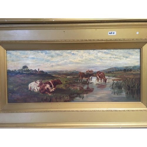 490 - PAIR OF ANTIQUE GILT FRAMED OIL PAINTING, 1 OF CATTLE IN A WATER MEADOW, THE OTHER OF SHEEP BESIDE T... 