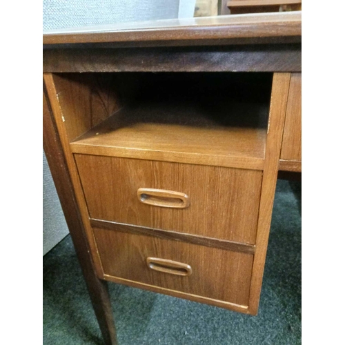 499 - RETRO TEAK SINGLE PEDESTAL DESK / DRESSING TABLE WITH DROP FLAP END, 3ft 3'' EXTENDING TO 4ft 6'' WI... 