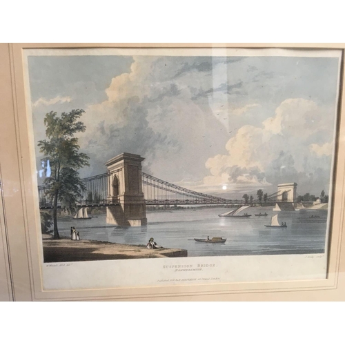 505 - HAND COLOURED ANTIQUE LITHOGRAPH OF HAMMERSMITH BRIDGE OVER THE THAMES PUBLISHED BY ACKERMAN 1828, T... 