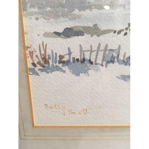 517 - BETTY SCOTT; TWO WATERCOLOURS - VIEW OF THE RIVER OTTER AT DUMPDON, THE OTHER OF A DEVON WINTER LAND... 