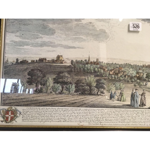 526 - A HAND COLOURED ENGRAVING VIEW OF THE NORTH WEST PROSPECT OF THE UNIVERSITY & TOWN OF CAMBRIDGE AFTE... 