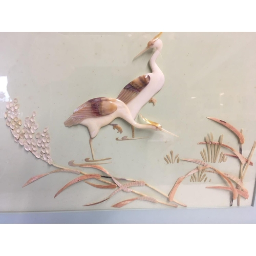 528 - JAPANESE, MOTHER OF PEARL AND SHELL PICTURE OF HERONS FISHING. IN DEEP BOX FRAME. 14'' X 24''