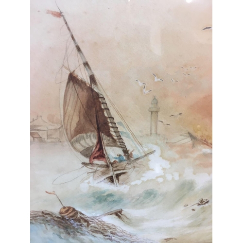 530 - 19THC WATERCOLOUR OF A COASTAL SCENE WITH SAILING VESSELS IN A HEAVY SWELL 22'' X 18''