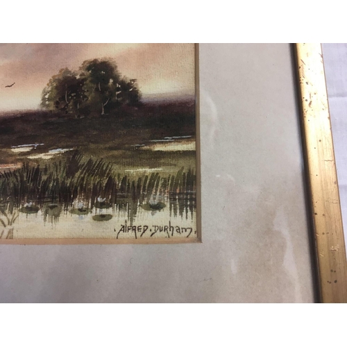 533 - ALFRED DURHAM; SIGNED WATERCOLOUR OF A MARSHLAND LANDSCAPE, 11'' X 15''