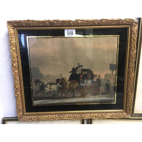 548 - ANTIQUE, GILT FRAMED, COLOURED ENGRAVING OF THE HULL TO LONDON STAGE COACH TOGETHER WITH A SET OF FO... 