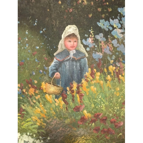 556 - OIL PAINTING ON CANVAS OF A YOUNG GIRL CARRYING A BASKET IN A SUMMER GARDEN WITH FLOWERS, SIGNED.  3... 