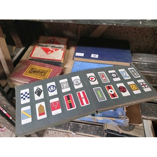 56 - SHELF WITH VARIOUS BOARD GAMES & 2 ALBUMS OF CIGARETTE CARDS