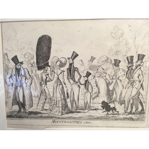 568 - 3 UNFRAMED [2 MOUNTED]	CARICATURE ENGRAVINGS BY GEORGE CRUIKSHANK ENTITLED ''MONSTROSITIES OF 1821, ... 