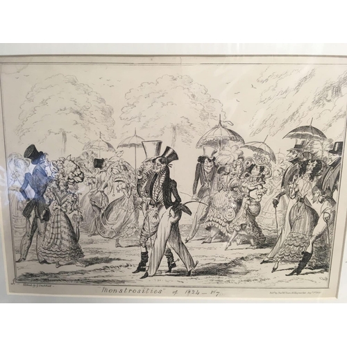 568 - 3 UNFRAMED [2 MOUNTED]	CARICATURE ENGRAVINGS BY GEORGE CRUIKSHANK ENTITLED ''MONSTROSITIES OF 1821, ... 