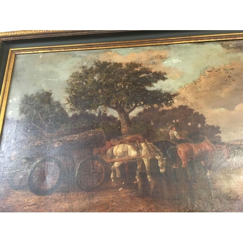 571 - 19THC OIL PAINTING ON CANVAS OF A LOGGING TEAM OF 4 HORSES PULLING A CART TOWARDS A RIVER, WITH OTHE... 