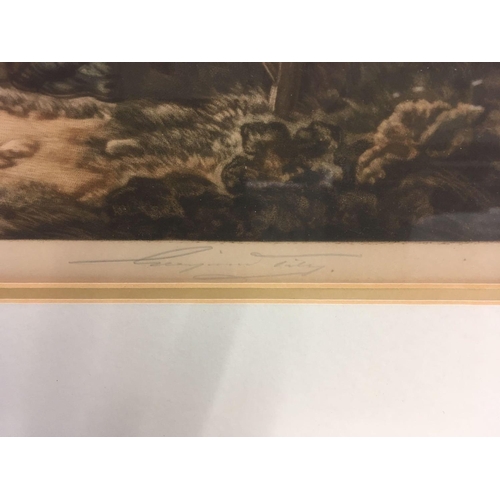 574 - GOOD MEZZOTINT AFTER GEORGE MORLAND OF FIGURES BEFORE A THATCHED FARMHOUSE. INDISTINCTLY SIGNED IN T... 