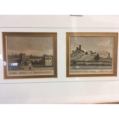 577 - GILT FRAME CONTAINING 3 ANTIQUE ENGRAVINGS; FORDE ABBEY, OKEHAMPTON CASTLE AND LUNDY CASTLE 12'' X 2... 