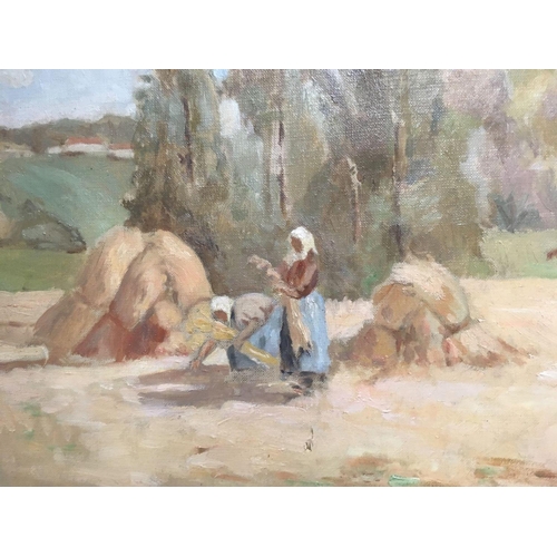 583 - OIL ON CANVAS MOUNTED ON BOARD ATTRIBUTED TO EH RIGG, TITLED HARVESTING, 12'' X 18''