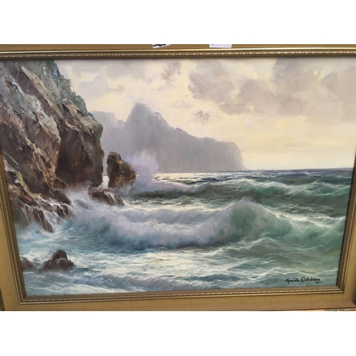 586 - OIL ON CANVAS OF A COASTAL SCENE BY GUIOLO OOLIEANN &  FRAMED PRINT OF THE TORN HAT & 2 OTHER PRINTS