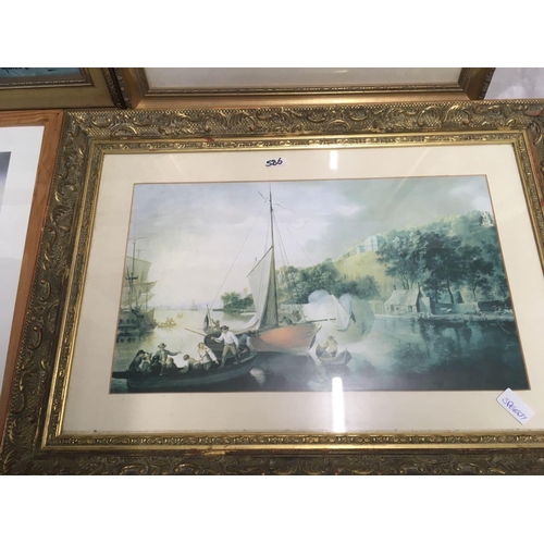 586 - OIL ON CANVAS OF A COASTAL SCENE BY GUIOLO OOLIEANN &  FRAMED PRINT OF THE TORN HAT & 2 OTHER PRINTS