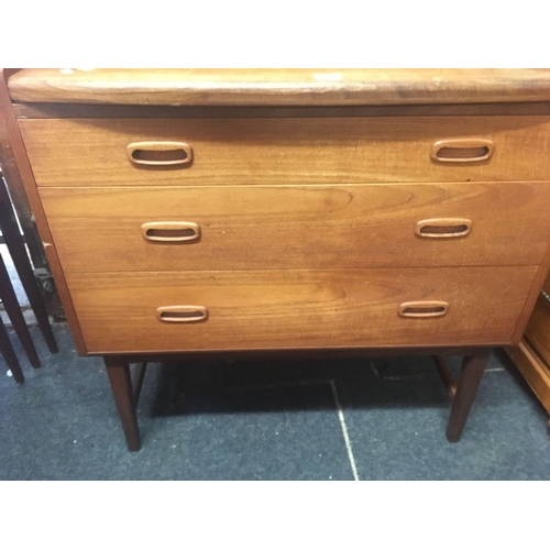 594 - RETRO TEAK BUREAU WITH 3 LONG & 2 SHORT DRAWERS BY TIMES FURNISHINGS, 1 SLIDING DOOR MISSING