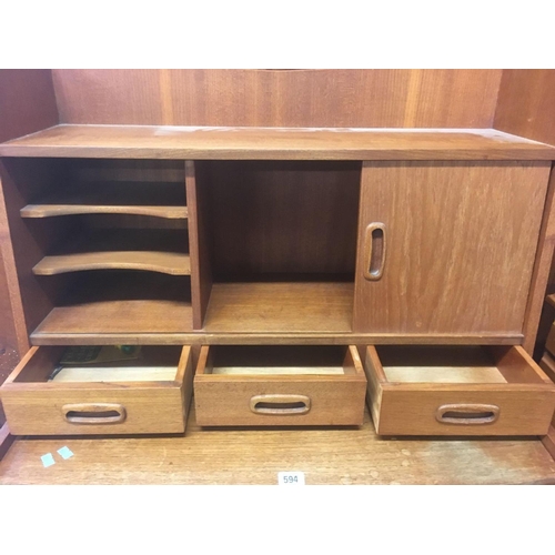 594 - RETRO TEAK BUREAU WITH 3 LONG & 2 SHORT DRAWERS BY TIMES FURNISHINGS, 1 SLIDING DOOR MISSING