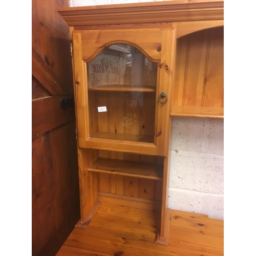 595 - LARGE PINE DRESSER/ COMPUTER DESK WITH GLAZED CUPBOARDS TO BACK, 5ft WIDE X 6ft TALL