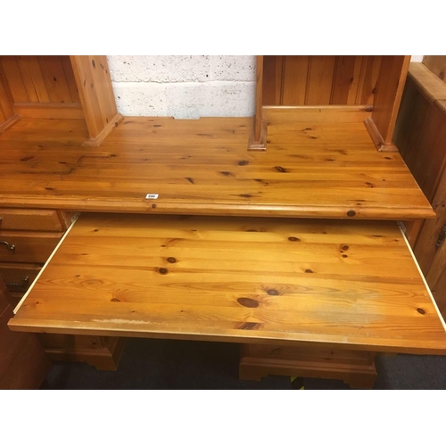 595 - LARGE PINE DRESSER/ COMPUTER DESK WITH GLAZED CUPBOARDS TO BACK, 5ft WIDE X 6ft TALL