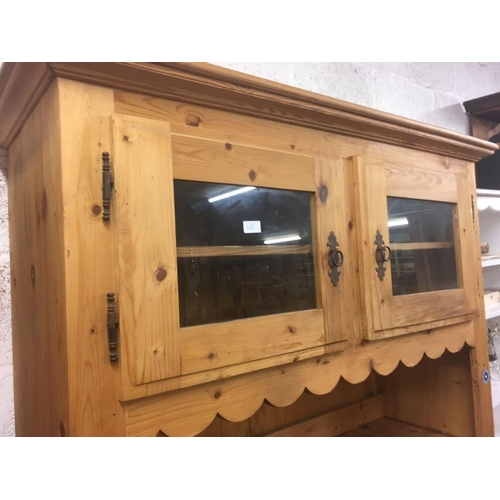 597 - MODERN STRIPPED PINE KITCHEN DRESSER WITH CUPBOARDS & DRAWERS, 4ft 3'' WIDE X 6ft TALL