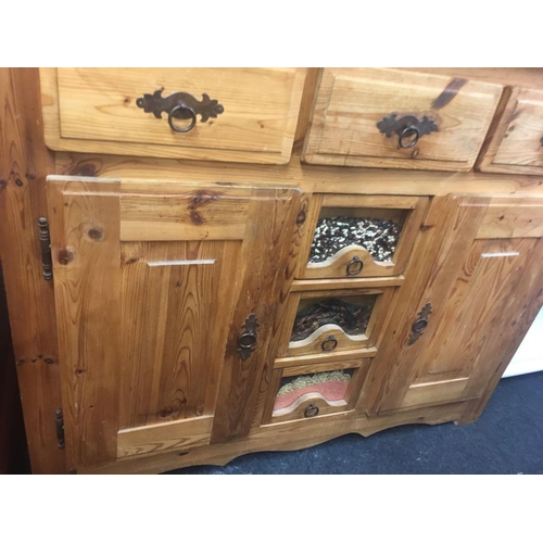 597 - MODERN STRIPPED PINE KITCHEN DRESSER WITH CUPBOARDS & DRAWERS, 4ft 3'' WIDE X 6ft TALL