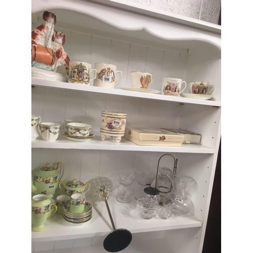 598 - 3 SHELVES OF CHINA & GLASSWARE INCL; AYNSLEY TEA WARE, COMMEMORATIVE CUPS ETC