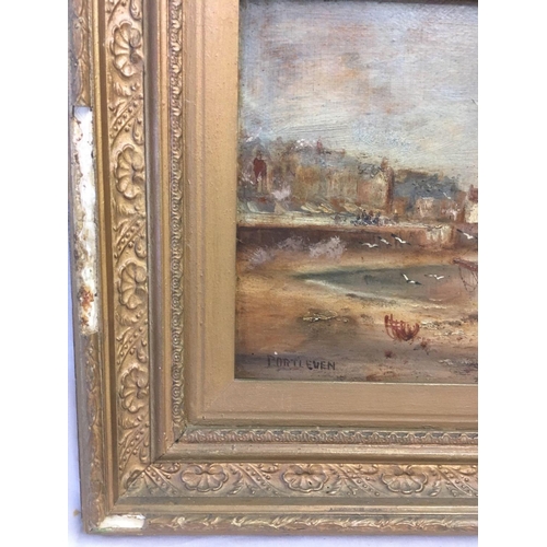 599 - GILT FRAMED OIL ON BOARD OF PORTHLEVEN INDISTINCTLY SIGNED