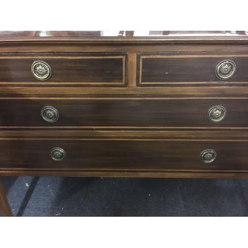 639 - INLAID MAHOGANY DRESSING TABLE WITH 2 LONG & 2 SHORT DRAWERS & BRASS DROP HANDLES