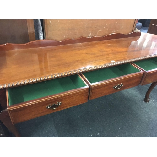 644 - REPRODUCTION FLAME MAHOGANY SIDEBOARD WITH BALL & CLAW LEGS, 3 DRAWERS WITH BRASS DROP HANDLES, 6ft ... 