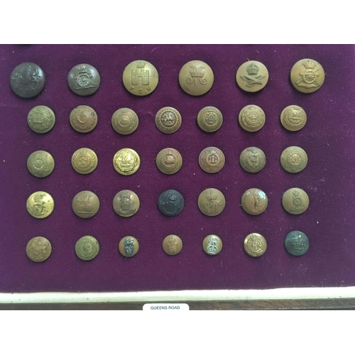 666 - FRAMED DISPLAY OF 58 MILITARY BUTTONS FROM DIFFERENT REGIMENTS