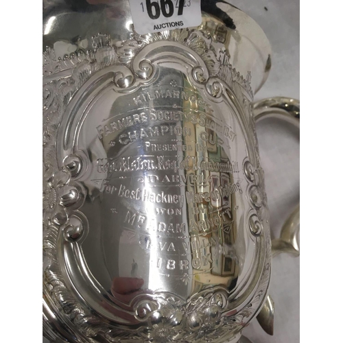 667 - VERY LARGE PLATED 2 HANDLED TROPHY CUP, KILMARNOCK FARMERS SOCIETY, CHAMPION CUP BY CAMERON OF KILMA... 