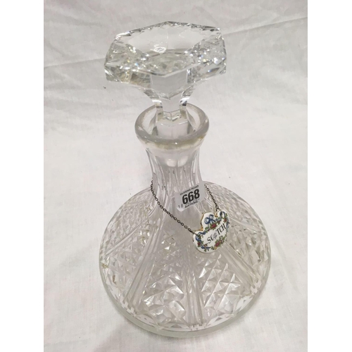 668 - CUT GLASS SHIPS DECANTER WITH SCOTCH LABEL BY CROWN STAFFORDSHIRE