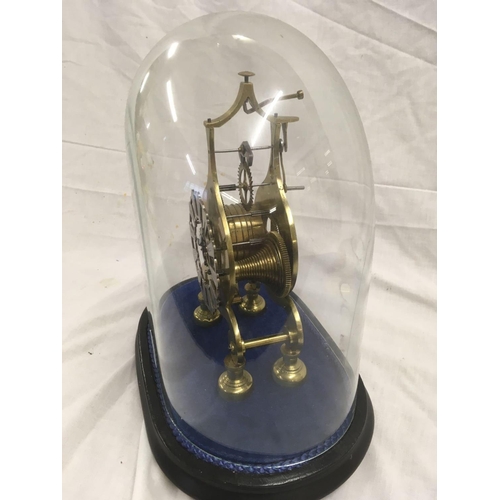 669 - VICTORIAN SKELETON CLOCK WITH DOME, DOME WITH SMALL CRACK, PENDULUM & KEY IN OFFICE