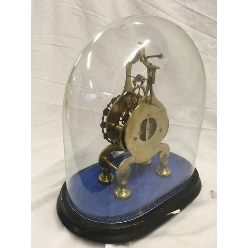 669 - VICTORIAN SKELETON CLOCK WITH DOME, DOME WITH SMALL CRACK, PENDULUM & KEY IN OFFICE