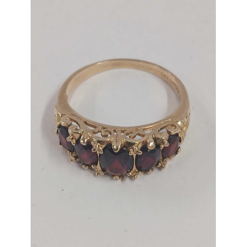 705 - A GOOD 5 STONE GARNET HALF HOOP RING SET IN 9ct, SIZE 'S'