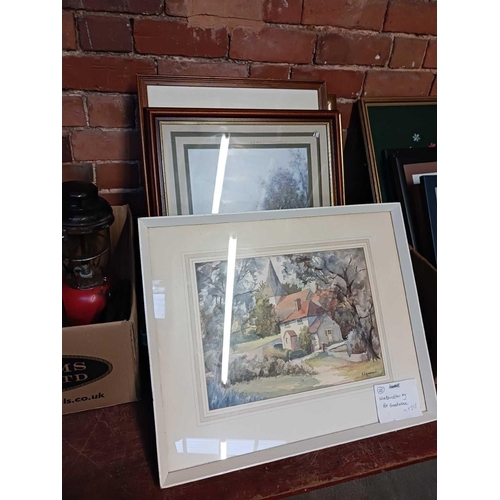 77 - CARTON WITH 1930'S SHIP PAINTING BY D. CRANE, FRAMED ENGRAVING 'THE BALCONY' & A PAIR OF VINTAGE FRA... 