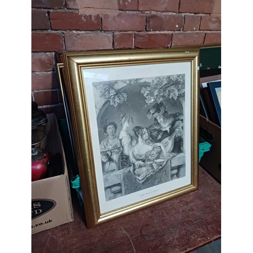 77 - CARTON WITH 1930'S SHIP PAINTING BY D. CRANE, FRAMED ENGRAVING 'THE BALCONY' & A PAIR OF VINTAGE FRA... 